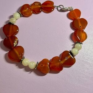 Handcrafted Heart Shaped Carnelian, Calcite, Silver Beads Bracelet
